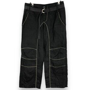 Black Pants Linen Cotton Buckle Waist Size 2 Low Rise Cropped Skater‎ Casual
